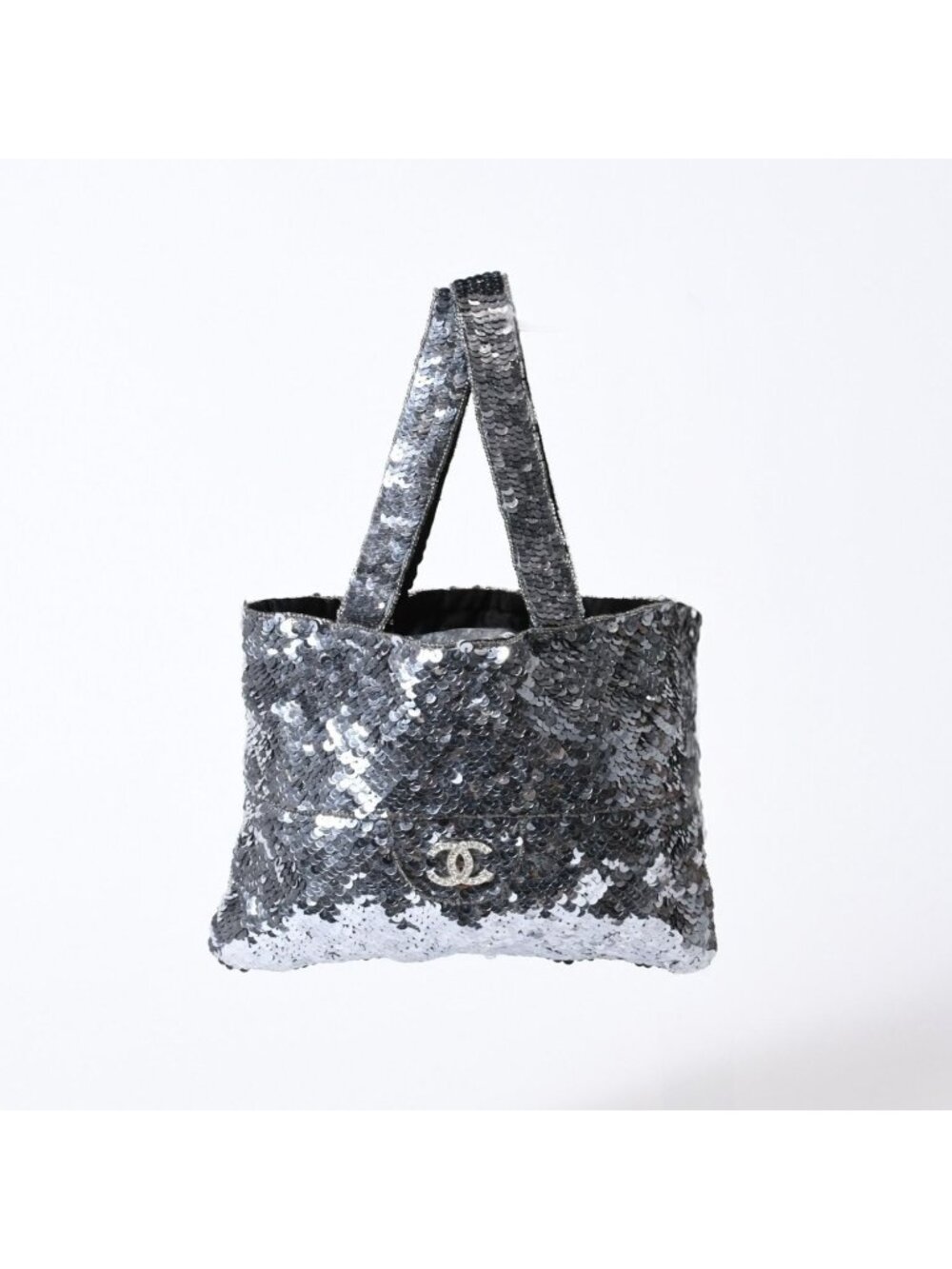 Chanel Sequin Handbag CC Logo Rhinestone Silver Clear